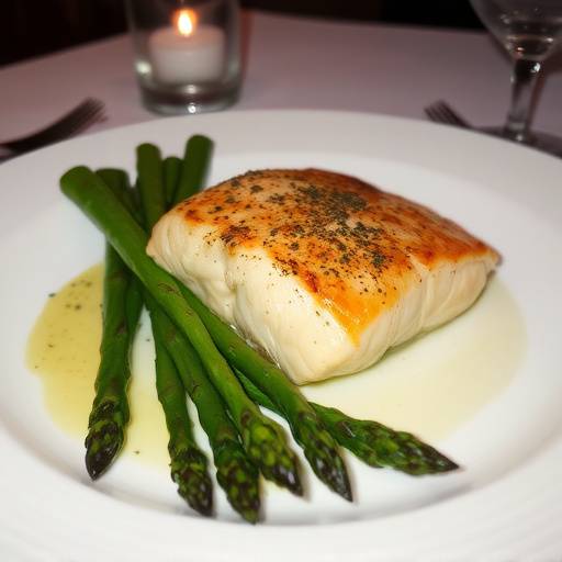 A baked salmon fillet served with roasted asparagus spears