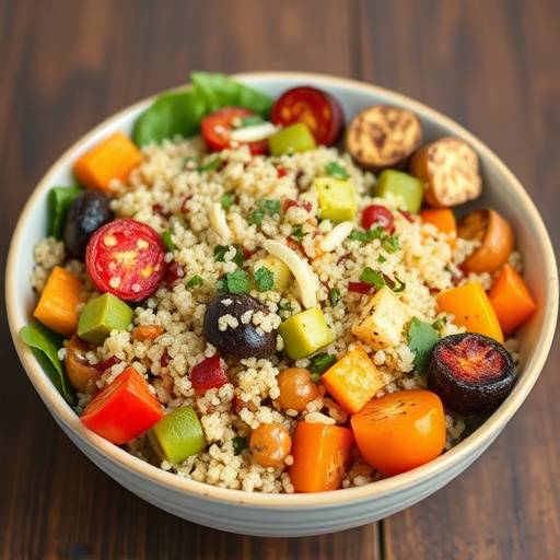 A bowl of quinoa salad with roasted vegetables like bell peppers, zucchini, and onions