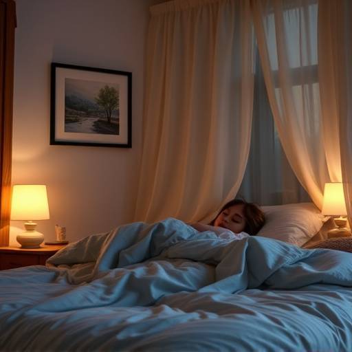 A cozy bedroom scene with soft lighting and a comfortable bed, promoting restful sleep.