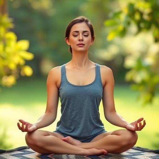 A woman meditating outdoors, representing the connection between mental wellbeing and skin health