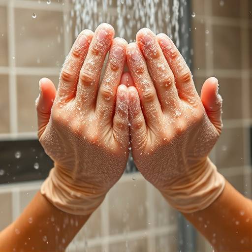 Close-up of exfoliating gloves being used in the shower, demonstrating physical exfoliation