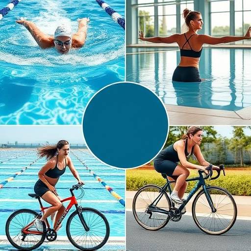 Collage of different fitness activities: swimming, yoga, running, and cycling